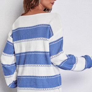 Striped Boat Neck Dropped Shoulder Sweater