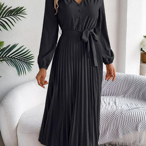 Pleated Tied V-Neck Long Sleeve Dress