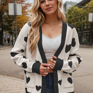 Heart Button Up Dropped Shoulder Long Sleeve Cardigan