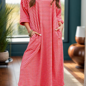 Pocketed Striped Half Sleeve Tee Dress