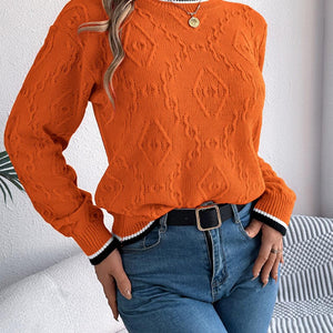 Contrast Trim Round Neck Long Sleeve Sweater