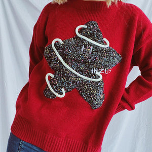 Contrast Star Round Neck Long Sleeve Sweater