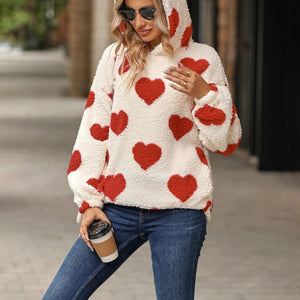 Fuzzy Heart Pocketed Dropped Shoulder Hoodie