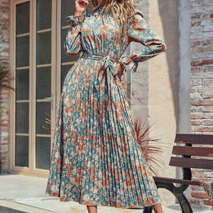 Perfee Tied Pleated Printed Mock Neck Long Sleeve Dress