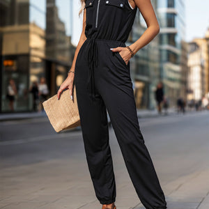 Perfee Half Zip Sleeveless Jumpsuit with Pockets