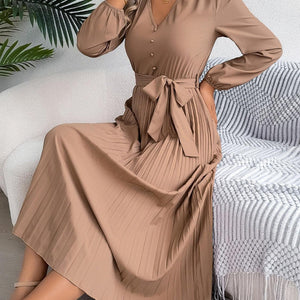 Pleated Tied V-Neck Long Sleeve Dress