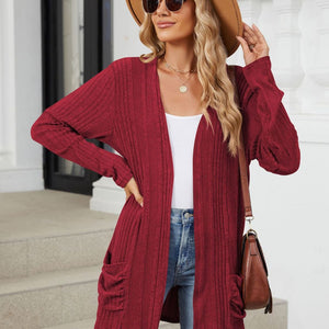 Pocketed Open Front Long Sleeve Cardigan