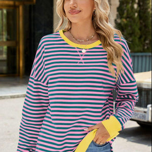 Slit Striped Round Neck Long Sleeve Sweatshirt