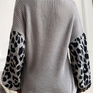 Perfee Leopard Sleeve Dropped Shoulder Sweater