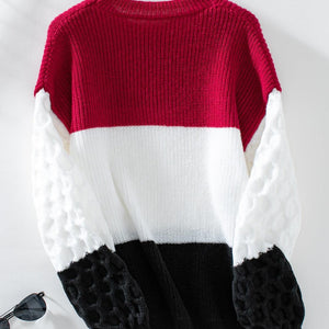 Color Block Round Neck Long Sleeve Sweater