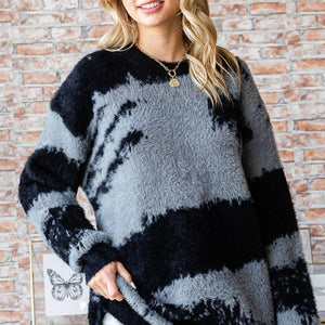 First Love Full Size Abstract Pattern Contrast Feather Yarn Sweater