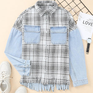 Plaid Pocketed Snap Down Denim Jacket