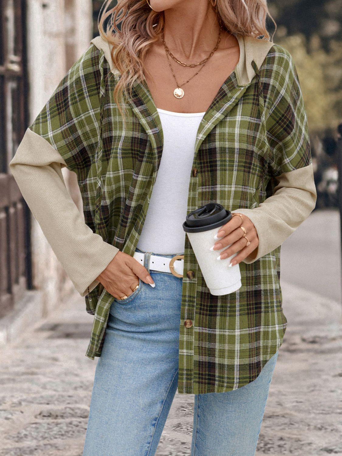 Perfee Drawstring Plaid Long Sleeve Hooded Shirt