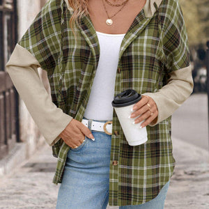 Perfee Drawstring Plaid Long Sleeve Hooded Shirt