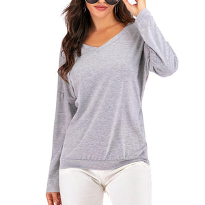 Perfee V-Neck Drop Shoulder Open Back Sweatshirt