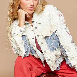 POL Embroidered Sleeve Raw Edge Quilted Jacket