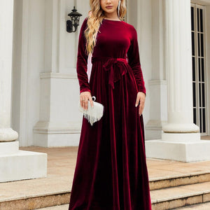 Tie Front Round Neck Long Sleeve Maxi Dress