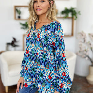 Double Take Full Size Printed Balloon Sleeve Blouse