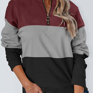 Full Size Color Block Quarter Zip Long Sleeve Sweatshirt