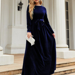 Tie Front Round Neck Long Sleeve Maxi Dress