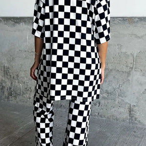 Checkered Round Neck Half Sleeve Top and Pants Set