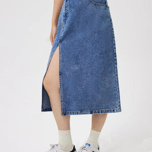 Slit Midi Denim Skirt with Pockets