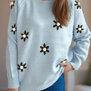 Flower Round Neck Raglan Sleeve Sweater