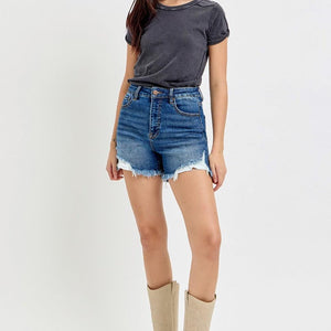 RISEN High Rise Side Step Hem Denim Shorts