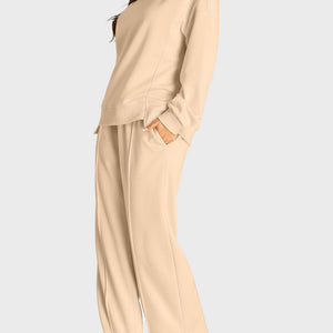 Round Neck Long Sleeve Top and Slit Pants Set