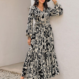 Smocked Printed Tie Neck Long Sleeve Dress