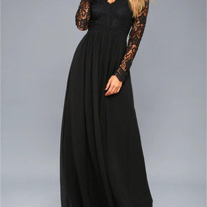 Lace Detail Backless Long Sleeve Maxi Dress