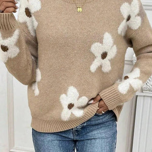 Flower Round Neck Long Sleeve Sweater