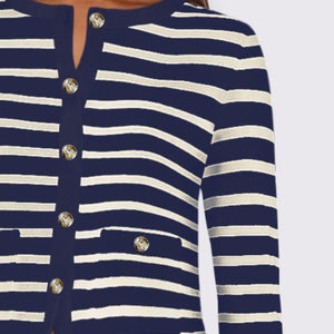 Striped Round Neck Button Up Long Sleeve Cardigan