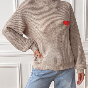 Heart Turtleneck Dropped Shoulder Long Sleeve Sweater