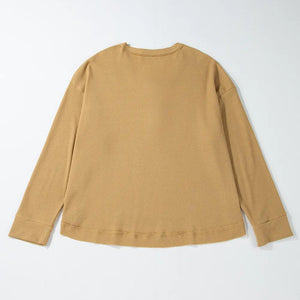 Waffle-Knit Half Button Round Neck Long Sleeve Top