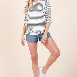 BOMBOM Striped Boat Neck Dolman Sleeve Top