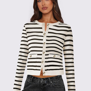 Striped Round Neck Button Up Long Sleeve Cardigan