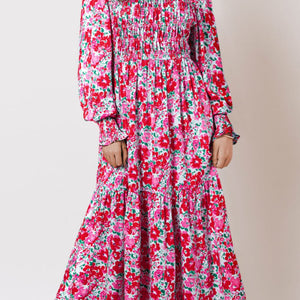 Printed Round Neck Lantern Sleeve Maxi Dress