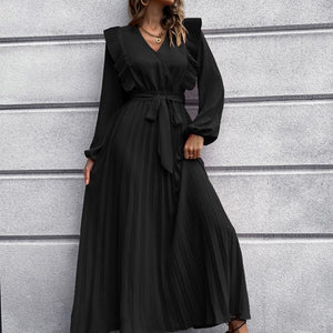 Pleated Surplice Tie Waist Maxi Dress