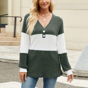 Color Block V-Neck Long Sleeve T-Shirt