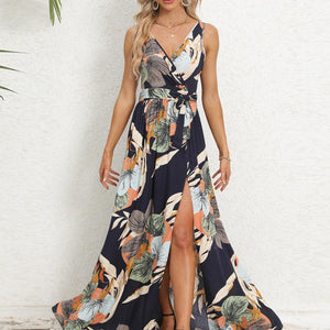 Slit Tied Printed Surplice Dress