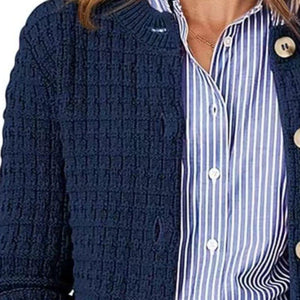 Button Up Round Neck Long Sleeve Cardigan