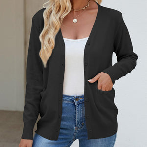 Pocketed V-Neck Button Up Long Sleeve Cardigan