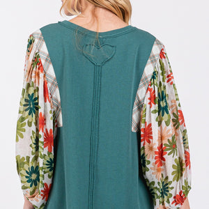 SAGE + FIG Full Size Printed Balloon Sleeve Contrast Top