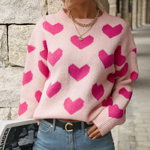 Perfee Heart Pattern Dropped Shoulder Sweater