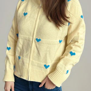 Heart Round Neck Zip Up Cardigan