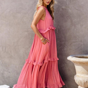 Ruffled Sleeveless Tiered Maxi Dress with Pockets