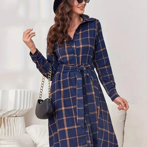 Plaid Tie Waist Long Sleeve Dress