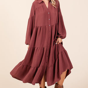 Mittoshop Tiered Button Down Long Sleeve Midi Dress