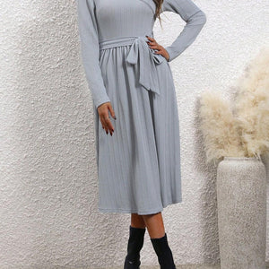 Surplice Tie Waist Long Sleeve Midi Dress